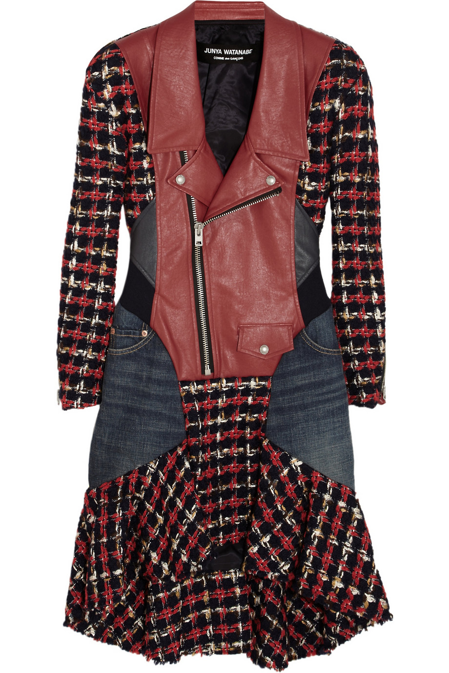 JUNYA WATANEBE TWEED AND FAUX LEATHER DRESS